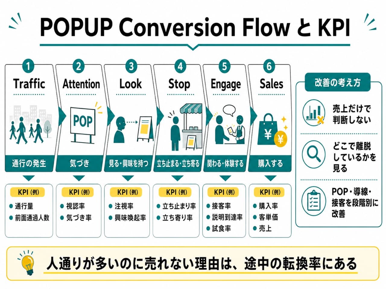 Traffic、Attention、Look、Stop、Engage、SalesごとのKPI整理図