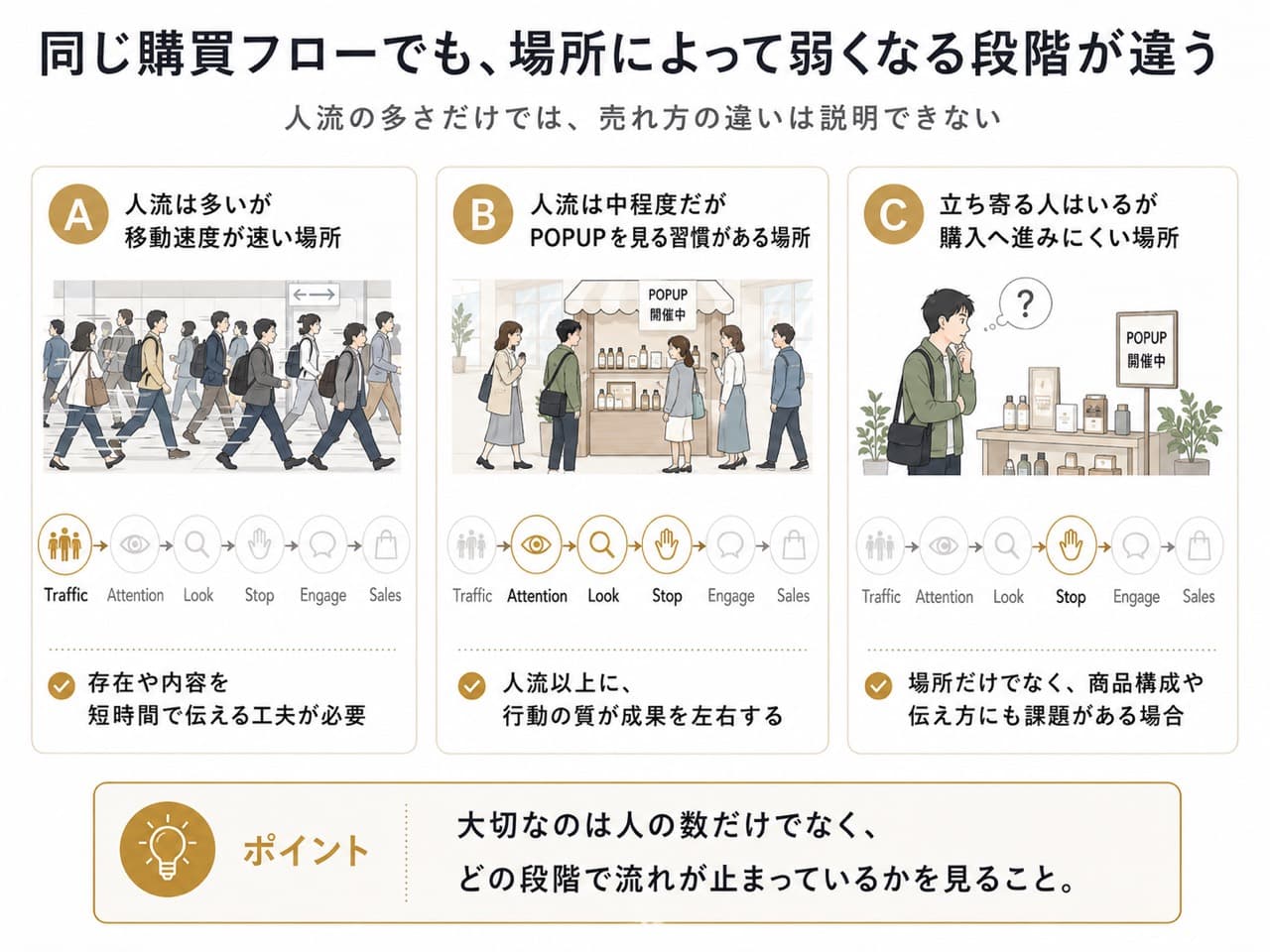 人流が多く移動速度が速い場所、POPUPを見る習慣がある場所、立ち寄るが購入へ進みにくい場所を購買フローで比較した図解