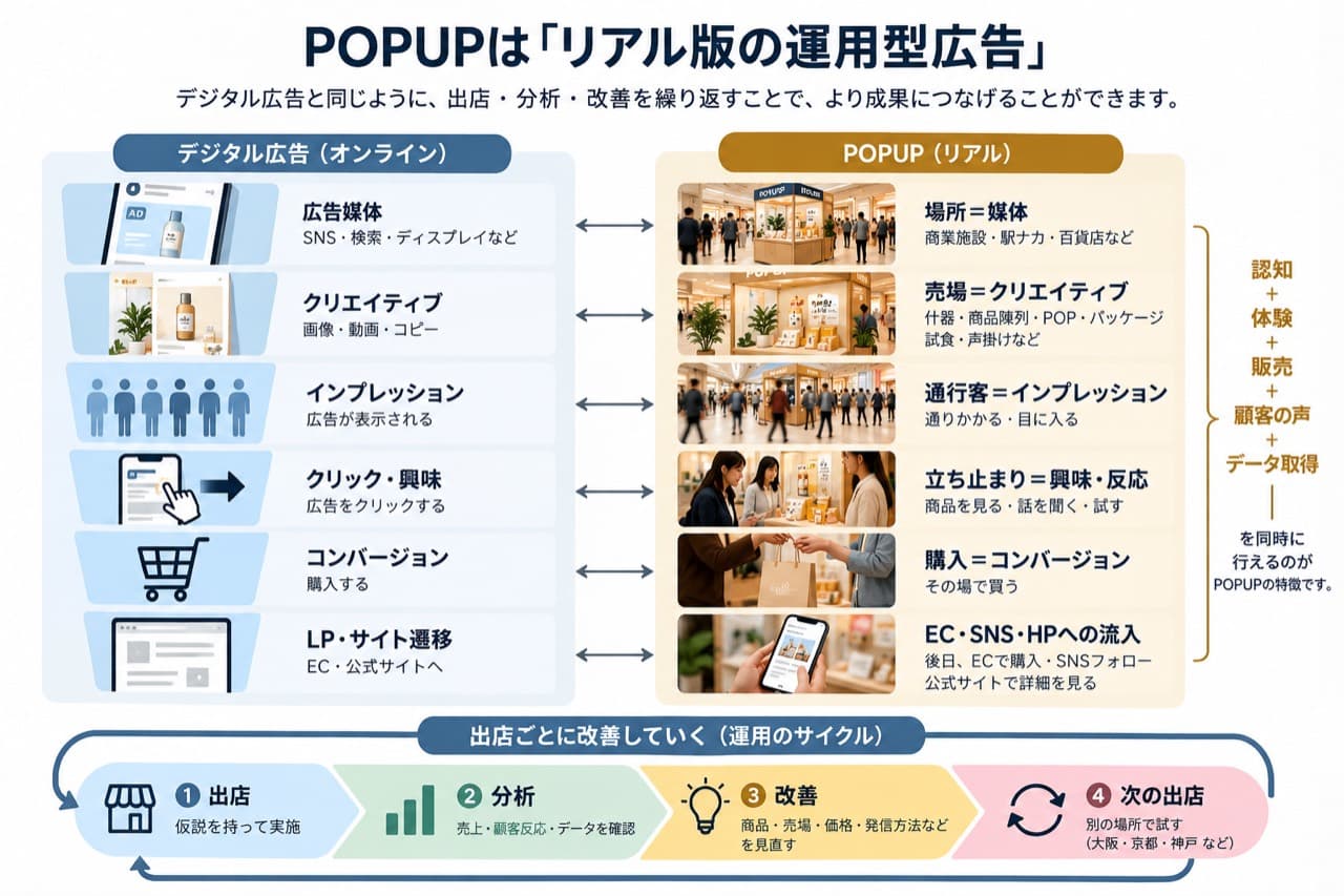 デジタル広告とPOPUPを比較し、POPUPをリアル版の運用型広告として捉える図解