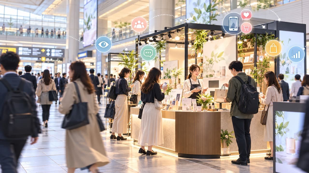 駅ナカのPOPUPで、顧客が商品を見て、接客を受け、購入やオンライン接続へ進む様子